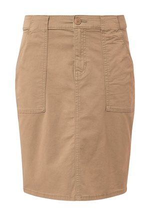 Beige cotton skirt with a slim fit, featuring two front pockets, a button closure, and subtle stitching details on the hem and seams.
