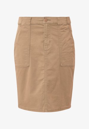 Jupe en coton beige avec une coupe slim, dotée de deux poches avant, d'une fermeture à bouton et de détails de couture subtils sur l'ourlet et les coutures.