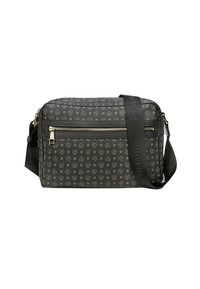 Borsa a tracolla in tessuto nero con motivo logo in tonalità oro, tasca con zip frontale e tracolla regolabile con testo in rilievo. Chiusura con zip.