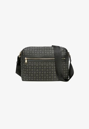 Sac bandoulière en tissu noir avec motif logo doré, poche zippée à l'avant et bandoulière ajustable avec texte en relief. Fermeture zippée.