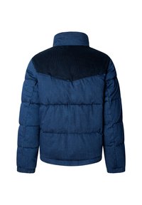 Modra napihnjena jakna s teksturirano temno modro kordurojeno ovratnikom, prešito vzorcem in rebrastimi manšetami. Gladka površina s podloženjem.