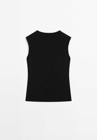 Black sleeveless top made of stretchy fabric, featuring a fitted design, high neckline, and shoulder panel accents.