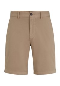 Shorts kaki en tissu léger, avec fermeture à boutons, passants pour ceinture et design à devant plat. Ourlets finis pour un look soigné.