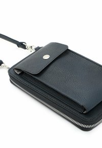 Black leather wallet with a textured finish, featuring a snap closure, zippered compartment, and detachable strap.