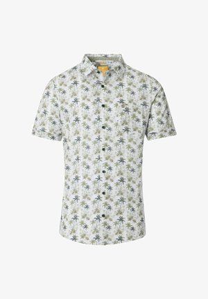Koszula z krótkim rękawem z lekkiego materiału, z białym tłem pokrytym zielonym wzorem palm. Guziki z przodu. Kołnierzyk.