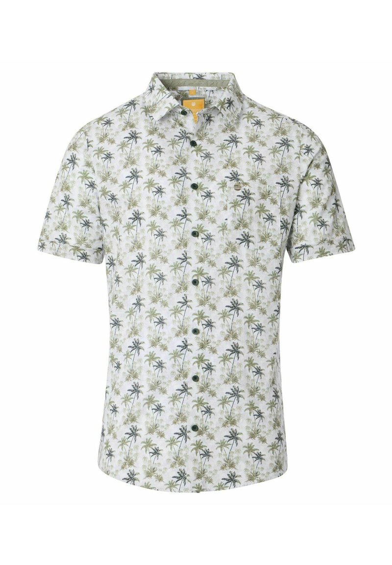 Korte mouwen shirt van lichte stof met een witte achtergrond en groene palmboomprint. Knopen langs de voorkant. Met kraag.