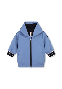 Veste bleu clair avec fermeture éclair à l'avant, capuche et poignets élastiques présentant des rayures bleu marine et blanches. Elle dispose de deux poches avant et d'une finition texturée.