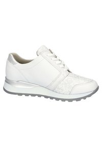 White sneaker with textured floral pattern, smooth leather sides, metallic accents, and a grey rubber sole. Traditional lace-up design.