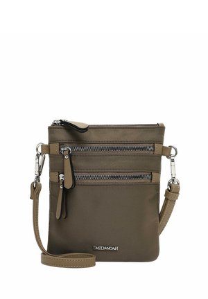 Compact olive green crossbody bag with two front zippered pockets, adjustable strap, and silver-tone hardware detailing.