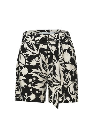 Schwarz-weiß gemusterte Shorts mit Blumenmuster, mit Stoffbindegürtel und Vorderfalten auf einfarbigem Hintergrund.