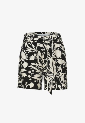Schwarz-weiß gemusterte Shorts mit Blumenmuster, mit Stoffbindegürtel und Vorderfalten auf einfarbigem Hintergrund.