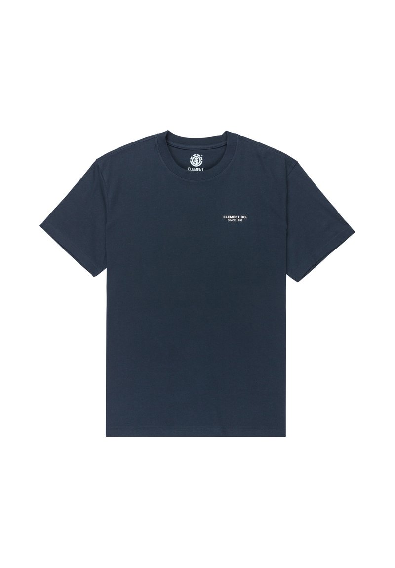 T-shirt à manches courtes bleu marine avec le texte blanc "ELEMENT CO. SINCE 1992" en petit sur la poitrine gauche et le logo à l'intérieur du col.