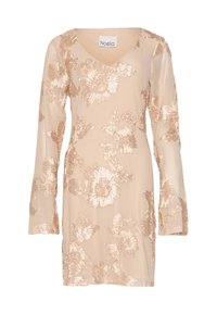 Rochie cu model floral dintr-un material bej moale, cu mâneci lungi și decolteu în V. Accentuata cu detalii brodate metalice �în formă de flori.