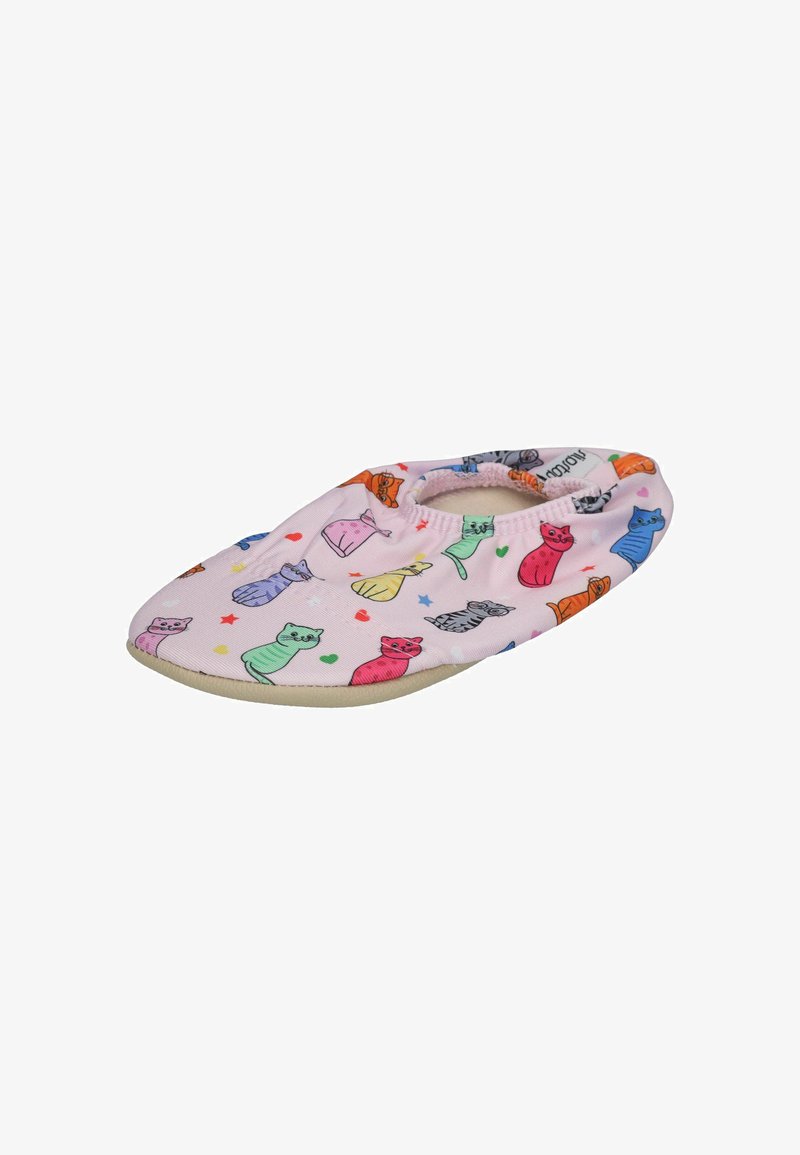 Patterned slipper featuring a light pink fabric with colorful cat designs, round shape, and a soft interior, suitable for indoor use.