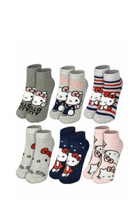 Set of six pairs of ankle socks featuring Hello Kitty designs in various colors: gray, navy, pink, and striped, with distinct patterns and graphics.