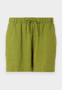 Vihreät pellavashortsit, joissa on joustava vyötärö ja säädettävä solmimisnauha. Ominaisuuksiin kuuluu rento istuvuus ja sileä koostumus. Sopii rentoon käyttöön.