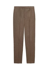 Pantalons carreaux marron et beige avec une coupe ajustée, dotés de plis avant et de poches latérales. Tissu au toucher lisse.