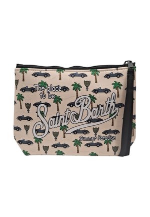 Bustina beige con cerniera stampata con palme, auto nere e scudi con testo "The place to be Saint Barth Summer Paradise."