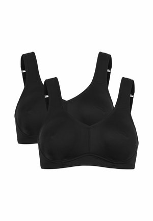 Zwarte sportbeha's met voorgevormde cups, brede bandjes en een V-halsontwerp. Gemaakt van een gladde stof met minimale stikseldetails.