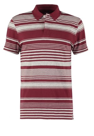 Kurzärmeliges Polohemd mit horizontalen Streifen in Burgunderrot und Hellgrau sowie geknöpftem Kragen.
