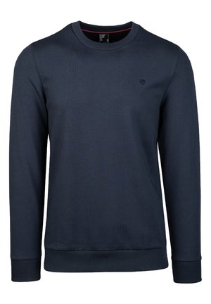 Navy blue long-sleeve crewneck sweatshirt with ribbed cuffs and hem, small embroidered logo on the left chest, men's medium size.