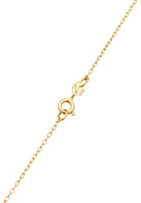 Goldfarbener Metallverschluss mit einem Karabinerhaken und Kettengliedern. Die Kette hat eine glatte Oberfläche und verfügt über einen kleinen Anhänger mit gravierten Details.