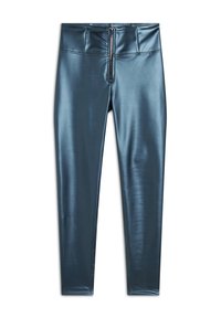 Leggings a vita alta realizzati in un tessuto lucido e elasticizzato di un profondo colore verde teal, con una cerniera anteriore e un design snello.