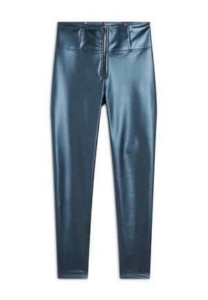 Leggings a vita alta realizzati in un tessuto lucido e elasticizzato di un profondo colore verde teal, con una cerniera anteriore e un design snello.