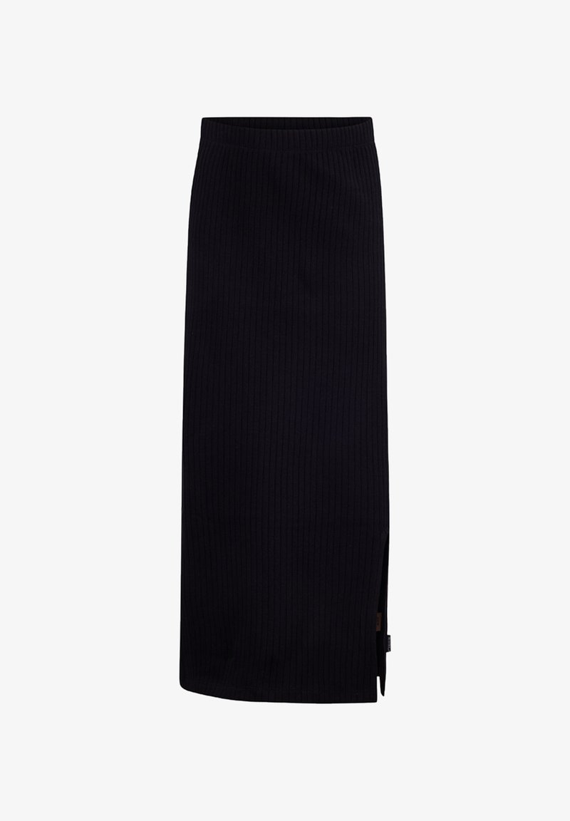 Zwarte geribbelde gebreide midi-rok met een rechte silhoutte, voorzien van een zijsplits en een elastische tailleband voor comfort. Gladde textuur.