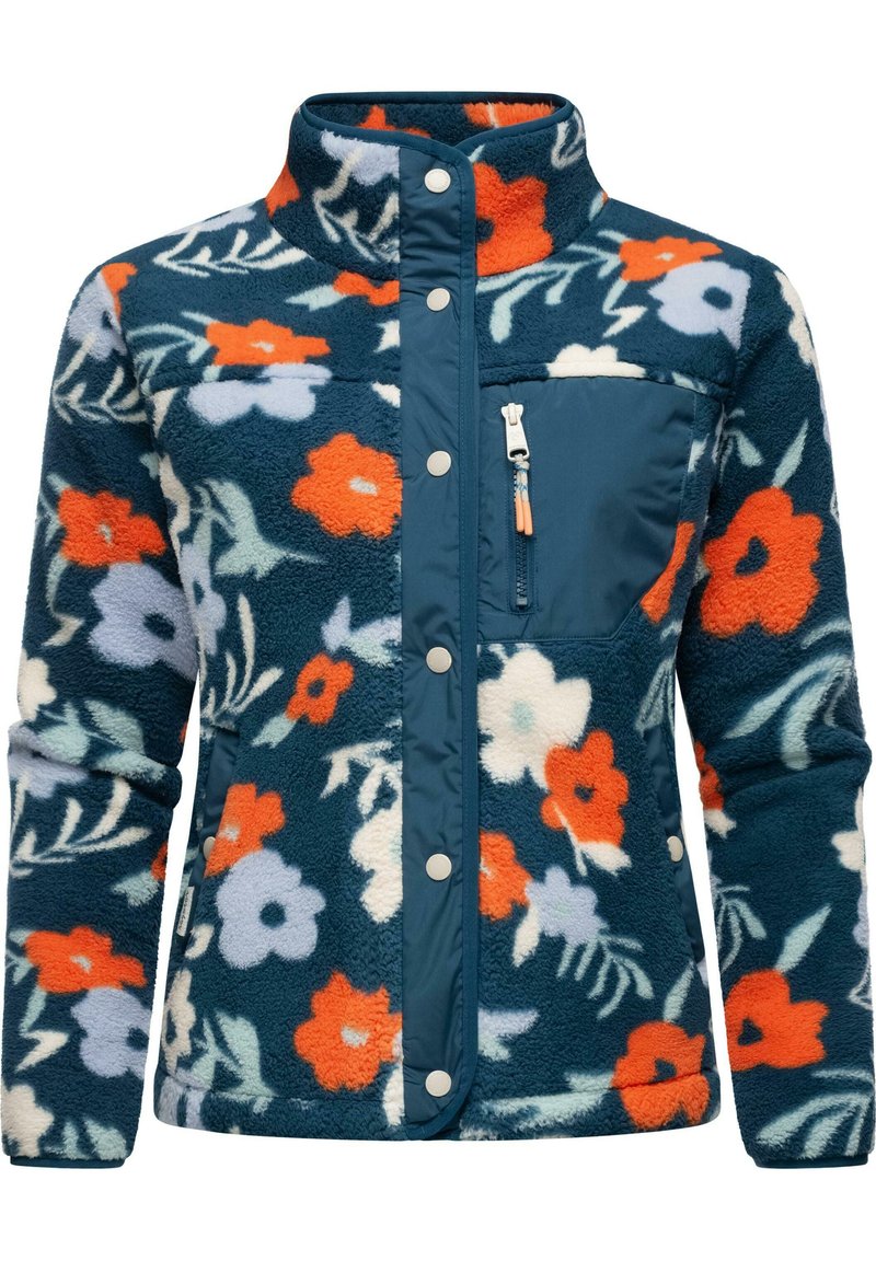 Chaqueta de forro polar en color marino con un colorido patrón de flores, cuello alto, botones a presión y un bolsillo en el pecho con cremallera en tejido liso color marino.