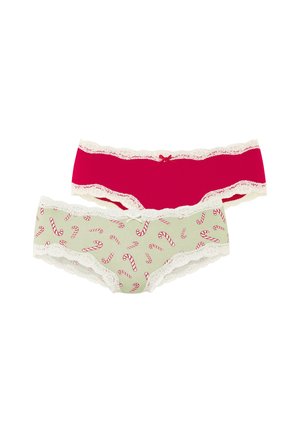 Zwei Damenunterhosen: eine einfarbig rosa mit Spitzenbesatz und eine grün mit Zuckerstangenmuster, beide mit Spitzenrändern.