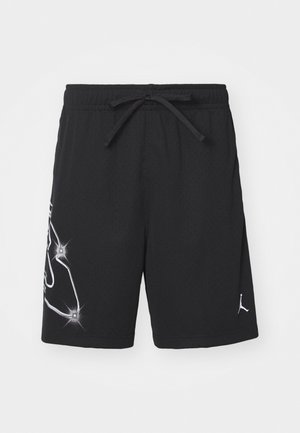 Zwarte atletische meshshorts met een elastische tailleband en trekkoord, met een glinsterende witte zijgrafiek en een klein wit logo op de zoom.