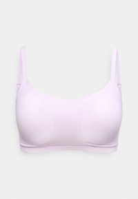 Ροζ ανοιχτό ροζ αδιάκοπο ασύρματο σουτιέν με ρυθμιζόμενους λεπτούς ιμάντες και λείο ύφασμα, σχεδιασμένο για άνεση και στήριξη.