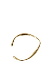 Collana choker in metallo dorato con un design liscio e curvo. Presenta un profilo sottile e estremità arrotondate, creando un'estetica minimalista.