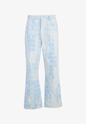 Lyseblå denim flared jeans med diamantmønster. Afsluttet med en talje, knaplukning og frontlommer.