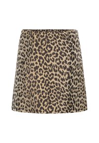 Falda de estampado de leopardo en marrón y beige, con corte recto, tela texturizada y cintura elástica para un ajuste cómodo.