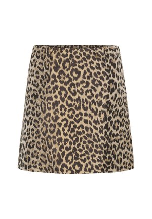 Sukňa s leopardím vzorom v hnedej a béžovej farbe, s rovným strihom, textúrovanou látkou a elastickým pásom pre pohodlné nosenie.