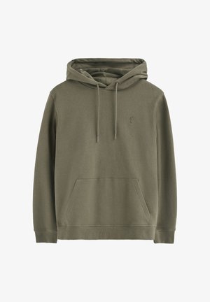Felpa verde oliva realizzata in tessuto morbido, con tasca a marsupio, cordini sul cappuccio e un piccolo logo sul petto.
