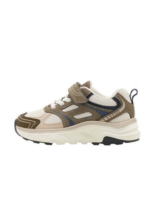 Sneaker per bambini beige e marrone con lacci bianchi, chiusura a strappo in velcro, tomaia in mesh, suola spessa bianca e suola esterna nera antiscivolo.