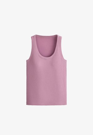 Mouwloos geribd hemdje in effen lichtpaars met een ronde halslijn, plat weergegeven tegen een witte achtergrond.