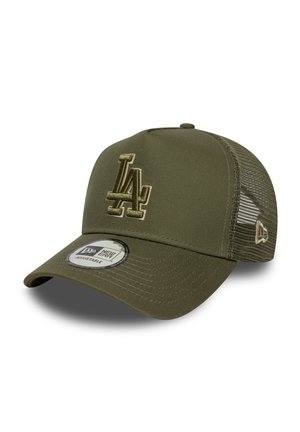 Olive green baseball cap with a structured front, mesh sides, and a prominent embroidered "LA" logo. Features an adjustable strap and a flat brim.