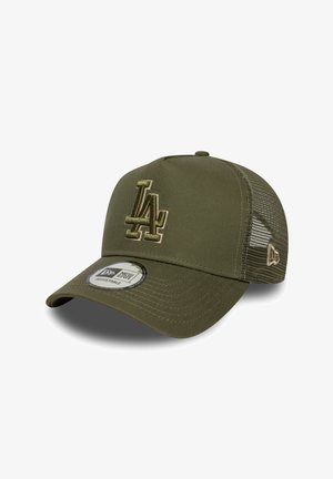 Căciulă de baseball de culoare verde măslin, cu o față structurată, părți laterale din plasă și un logo brodat „LA” bine evidențiat. Dispune de o curea ajustabilă și o bordură dreaptă.