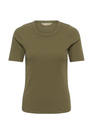 Tricou pentru femei cu mâneci scurte, din tricot olive verde cu dungi, cu decolteu rotund și logo subtil al brandului lângă tiv.