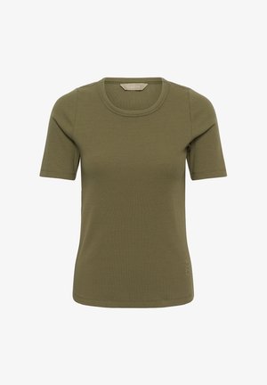 Īsroku zaļš, ribots trikotāžas sieviešu T-krekls ar apaļu kakla izgriezumu un smalku zīmola logotipu pie apakšmalas.