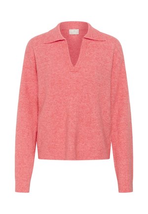 Pullover aus weichem, strukturiertem rosa Stoff. Verfügt über einen V-Ausschnitt mit Kragen und lange Ärmel. Einfaches, sauberes Design, keine zusätzlichen Details.