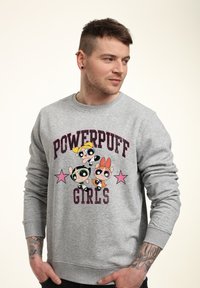 Šedá mikina s grafikou "Powerpuff Girls", na které jsou tři postavy a hvězdy. Vyrobena z bavlny s žebrovanými manžetami a kulatým výstřihem.