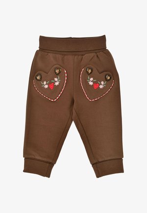 Brown toddler pants with ribbed cuffs, featuring heart-shaped pockets decorated with floral embroidery and wooden heart buttons.