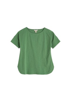 Zelené tričko s krátkym rukávom a okrúhlym výstrihom, zaobleným lemom a voľným strihom, zobrazené na bielom pozadí.