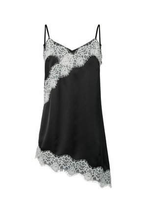 Robe nuisette en satin noir avec bordure en dentelle blanche le long de l'encolure, de l'ourlet et en diagonale à l'avant, avec fines bretelles réglables.
