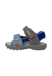 Sandalo grigio e blu con cinturino regolabile, suola in gomma e design ventilato. Presenta dettagli arancioni sui lati. Materiale leggero.